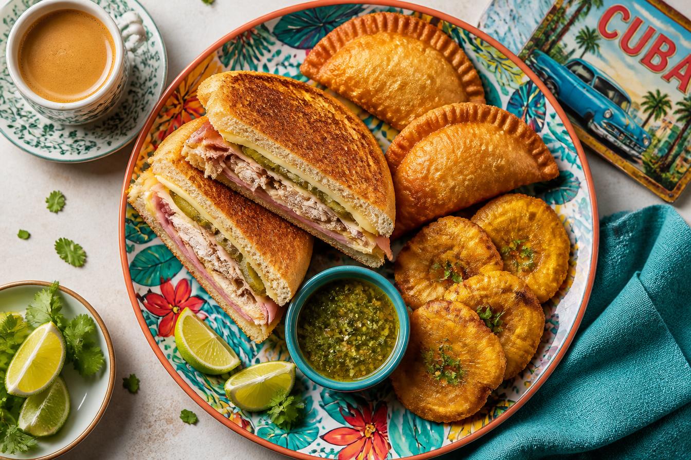 Overhead spread of Cuban street food including a Cubano sandwich, empanadas, tostones, and cafecito