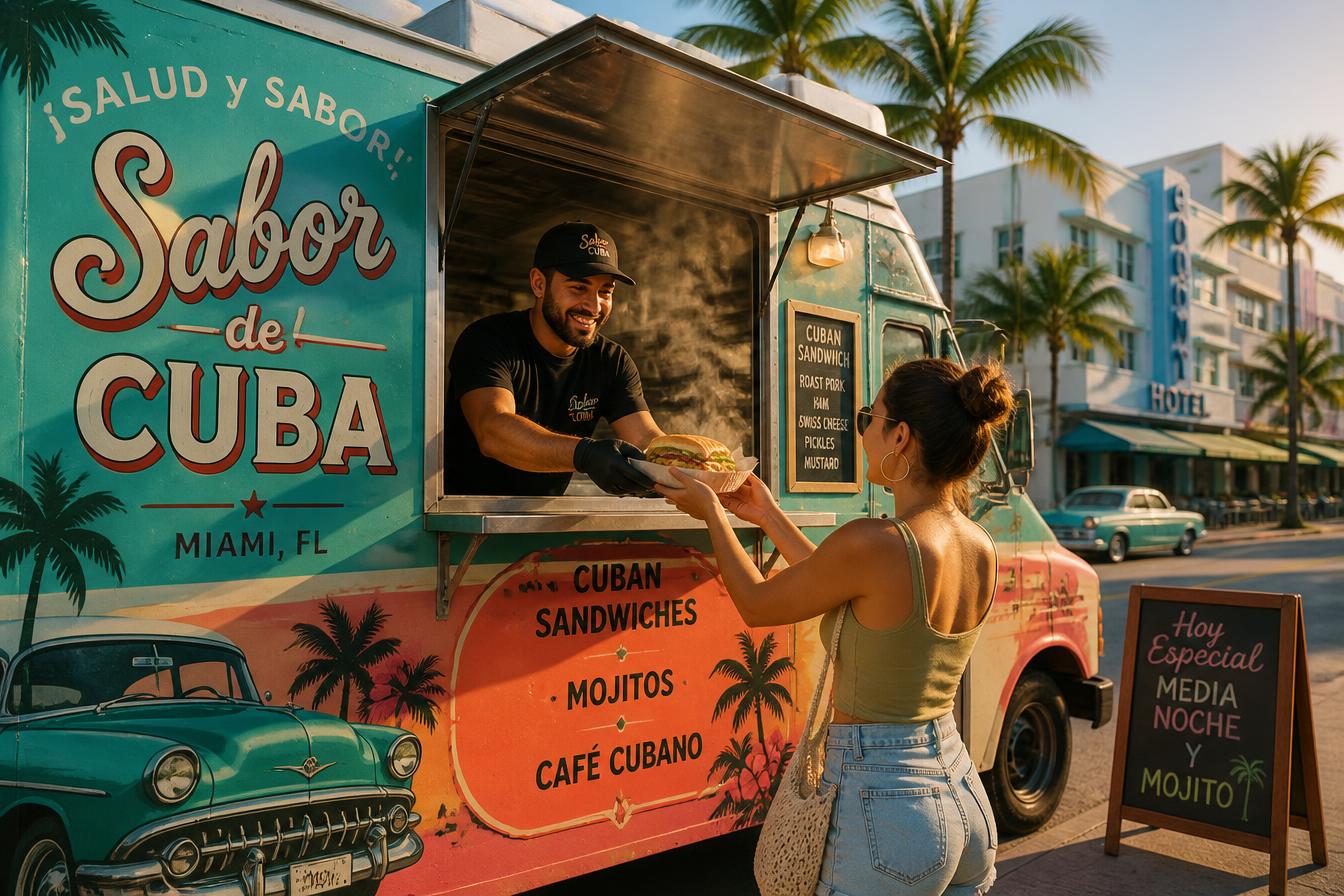 Colorful Cuban food truck serving customers on a sunny Miami street